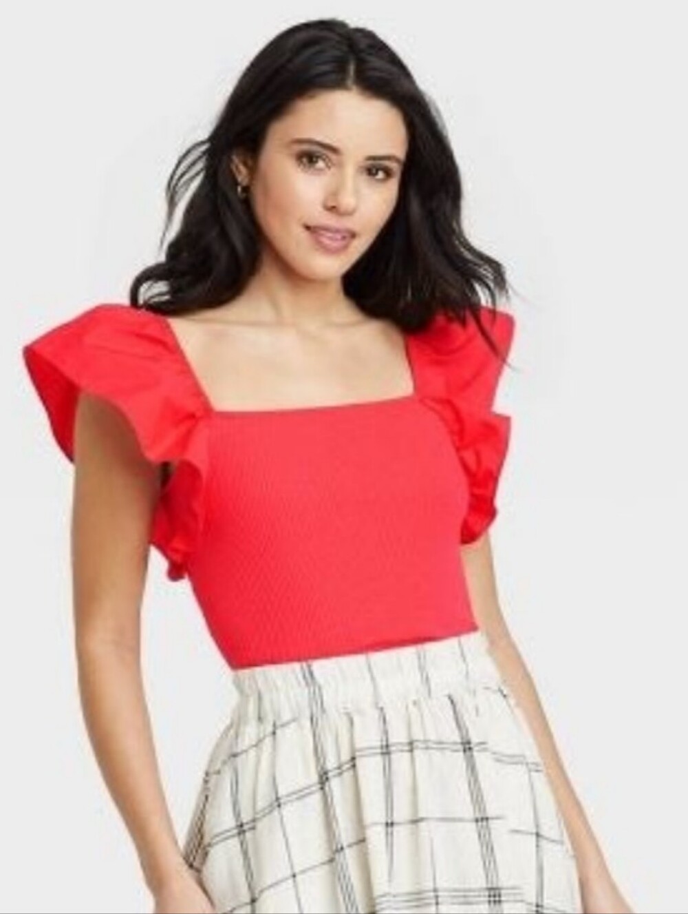 A New Day Red Ribbed Square Neck Flutter Sleeve Ruffle Top Size Large L